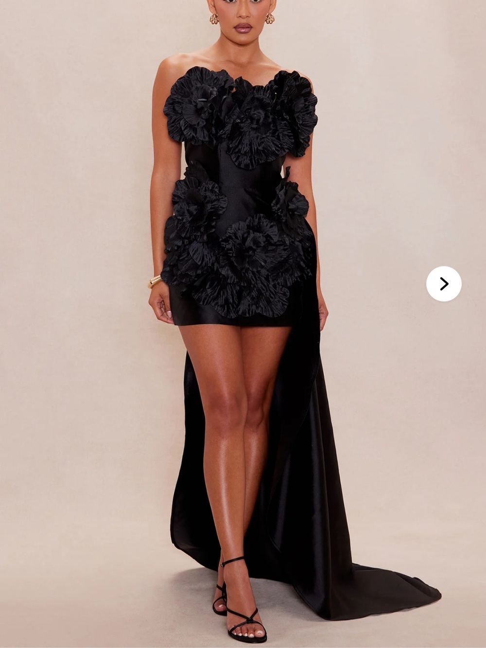 Strapless Black Floral Appliqué Mini Dress with Train